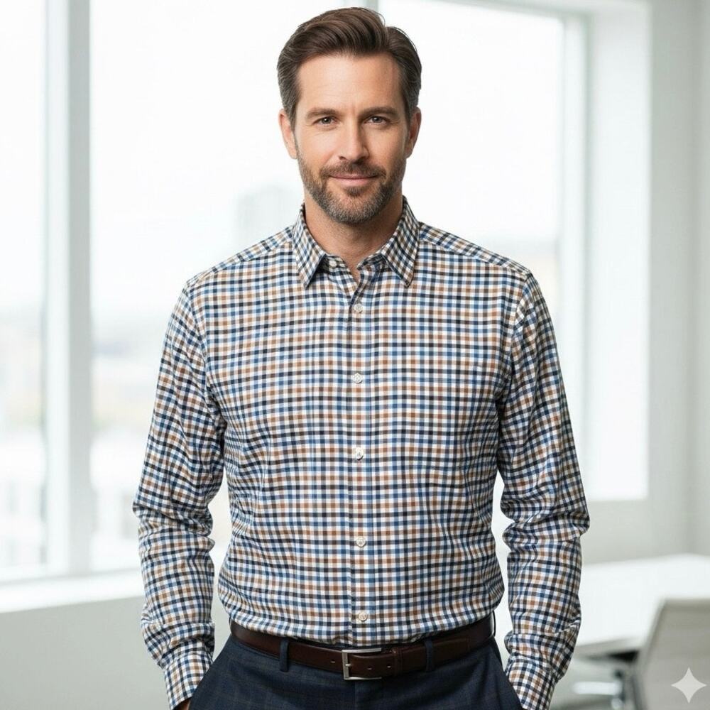 Charles‎ Tyrwhitt Classic Fit Dress Casual Plaid Button Down Shirt Blue Brown L